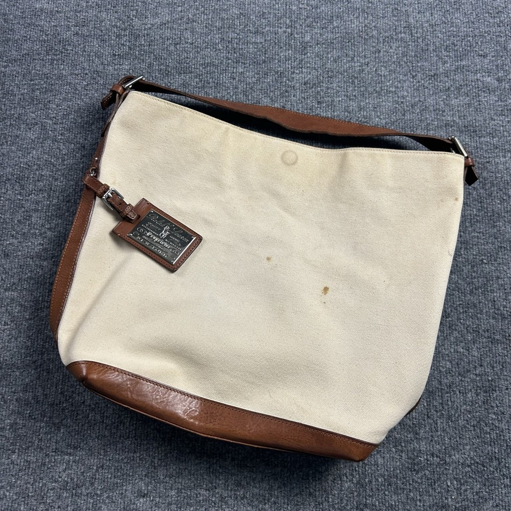 Ralph Lauren Shoulder Bag Womens Large Beige Canvas Leather Studded Charm Logo
